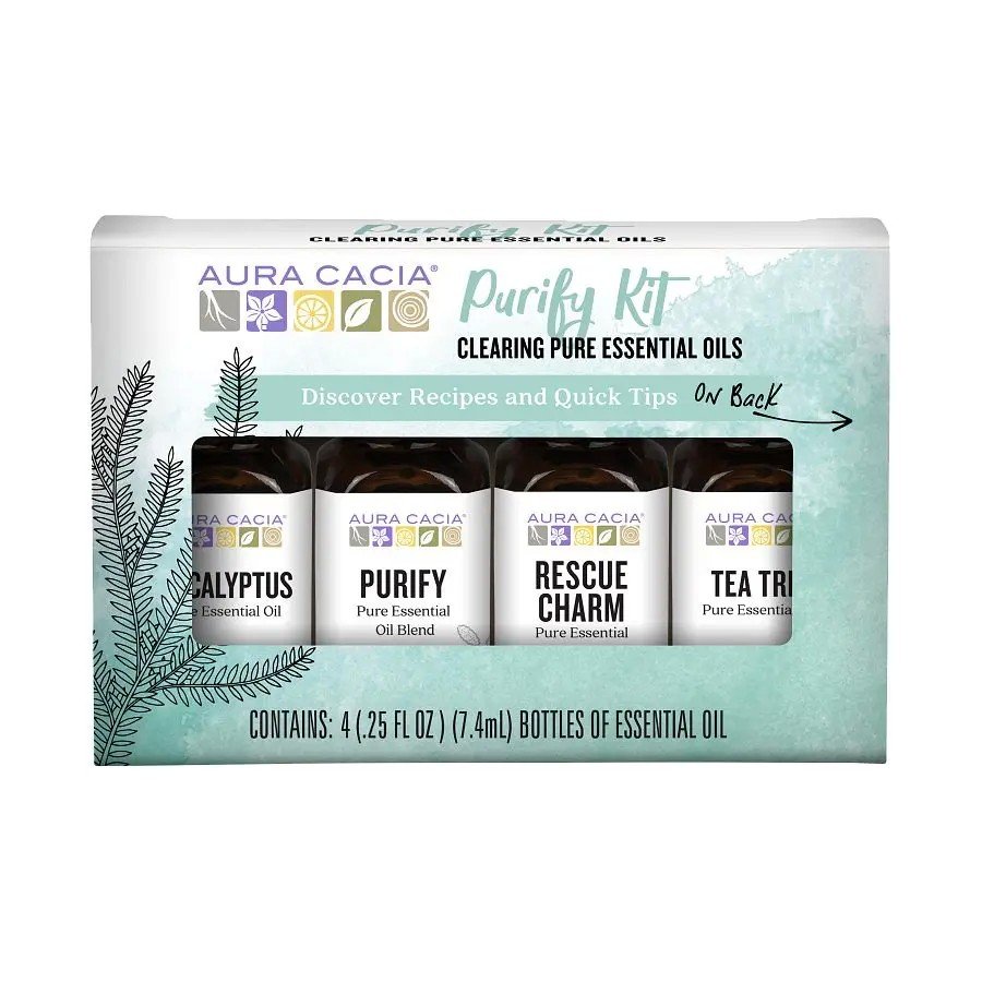 Aura Cacia Purify Essential Oil Kit 4 (.25 fl oz) Bottle Box