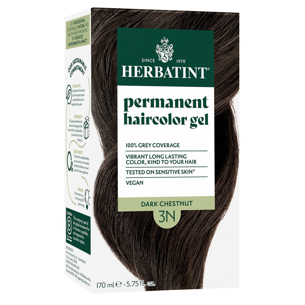 Herbatint 3N-Dark Chestnut-Permanent Hair Color Gel 5.75 fl oz Liquid