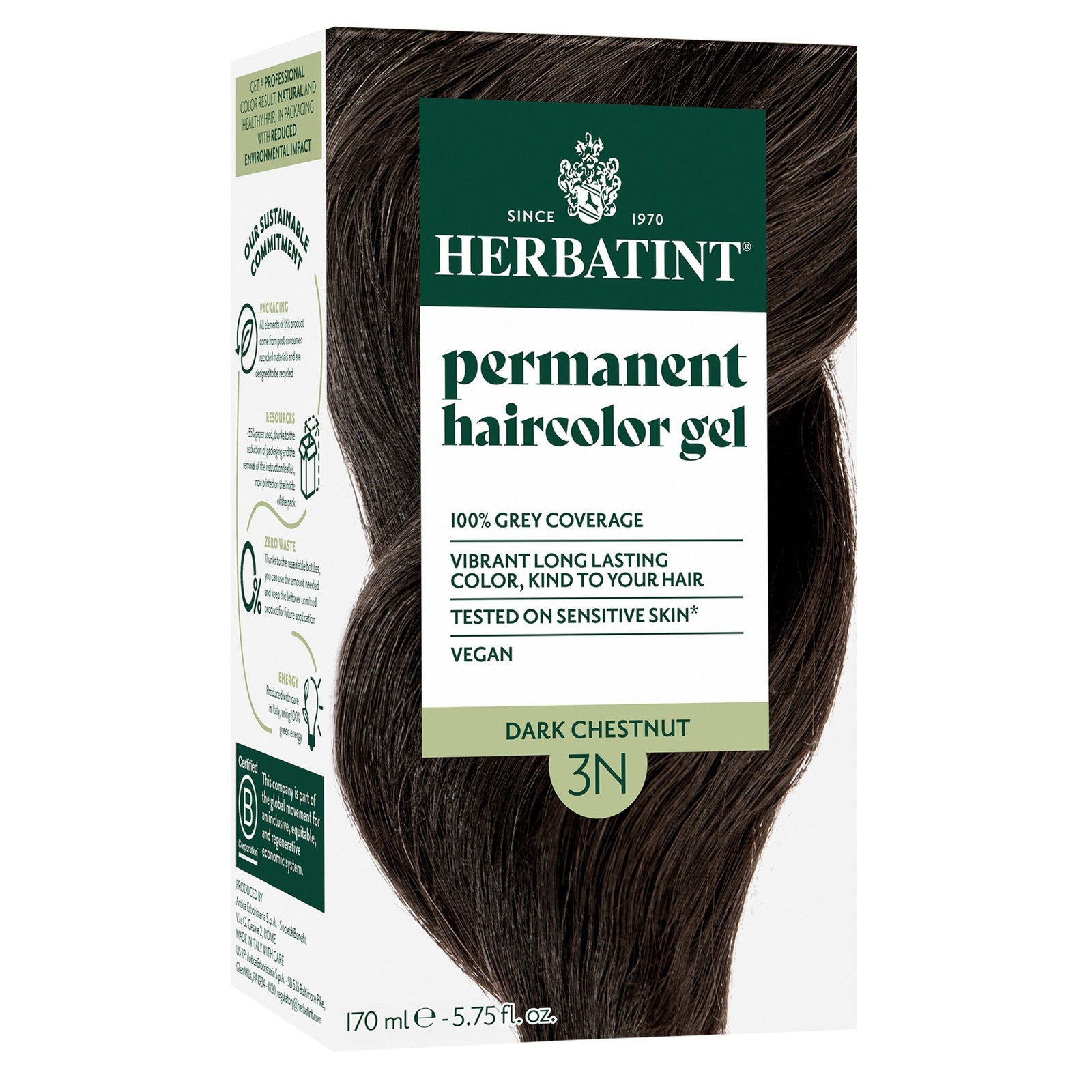 Herbatint 3N-Dark Chestnut-Permanent Hair Color Gel 5.75 fl oz Liquid