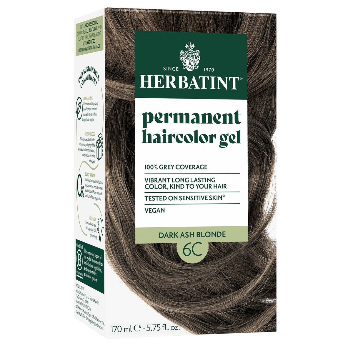 Herbatint 6C-Dark Ash Blonde-Permanent Hair Color Gel 5.75 fl oz Liquid
