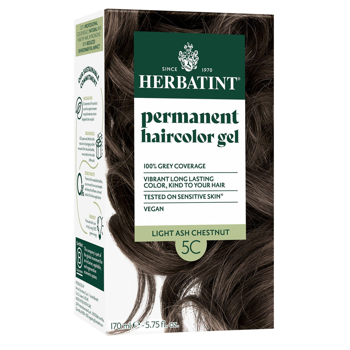 Herbatint 5C-Light Ash Chestnut-Permanent Hair Color Gel 5.75 fl oz Liquid