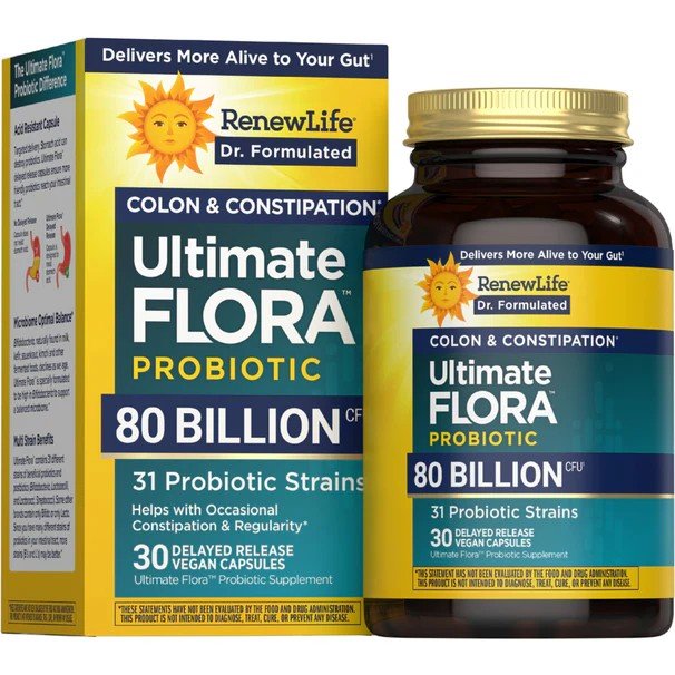 Renew Life Ultimate Flora Colon &amp; Constipation Probiotic - 80 Billion CFU 30 Vegan Capsules