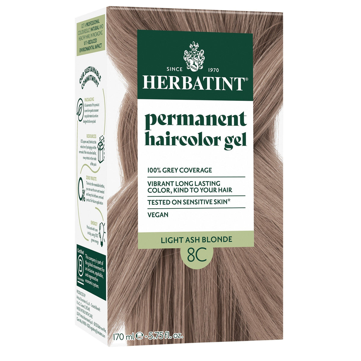 Herbatint 8C-Light Ash Blonde-Permanent Hair Color Gel 5.75 fl oz Liquid