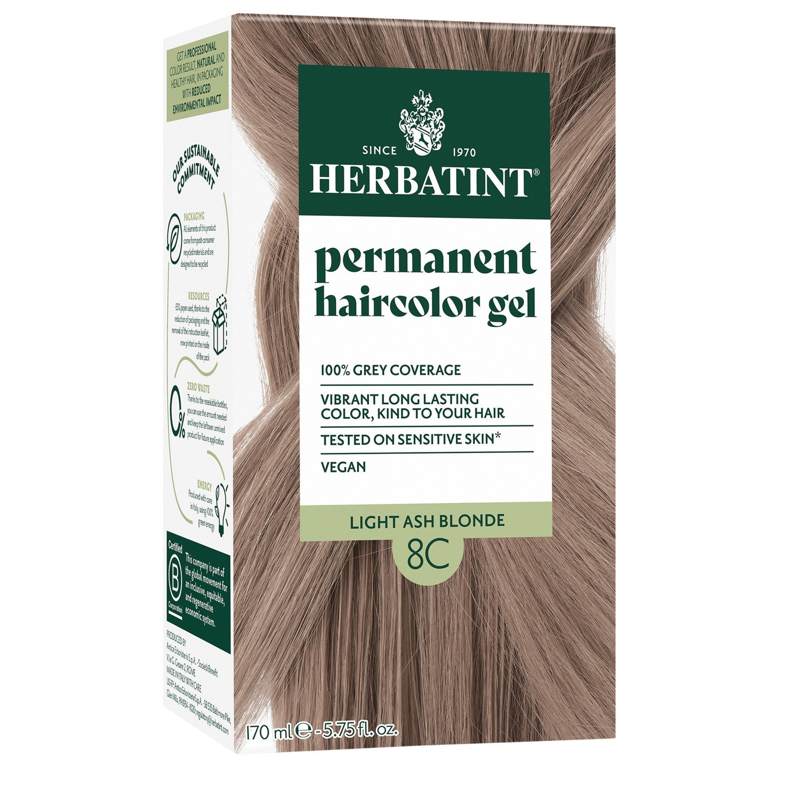 Herbatint 8C-Light Ash Blonde-Permanent Hair Color Gel 5.75 fl oz Liquid