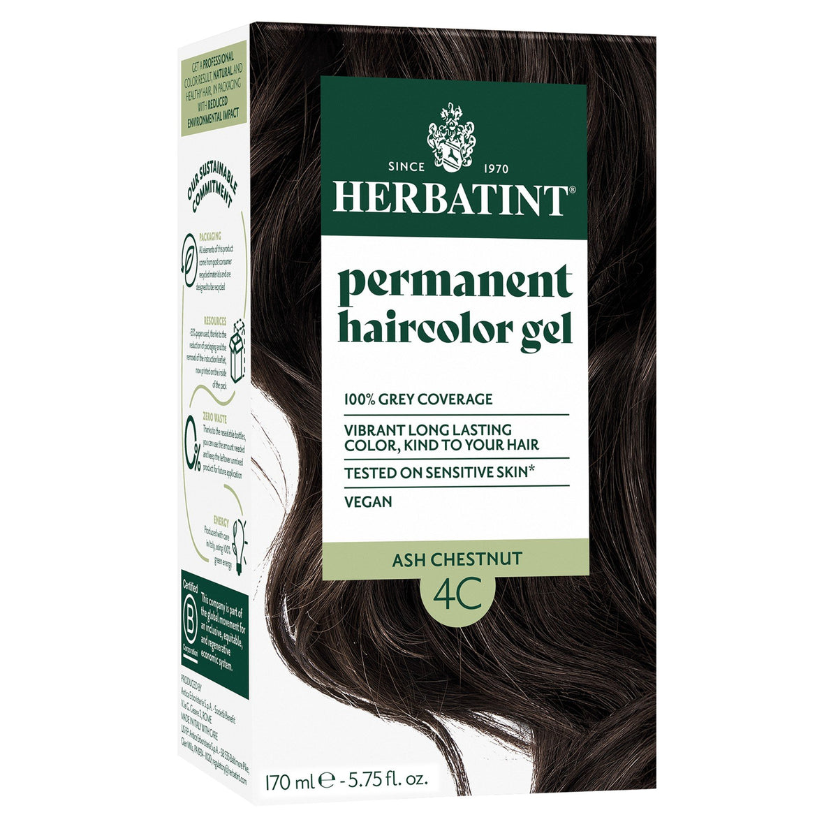 Herbatint 4C-Ash Chestnut-Permanent Hair Color Gel 5.75 fl oz Liquid
