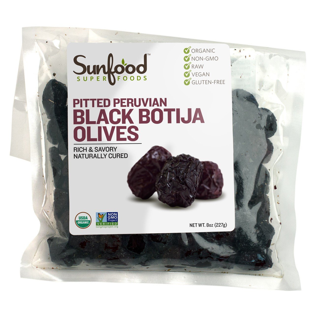 Sunfood Black Botija Olives, Pitted,Organic Raw 8 oz Packet