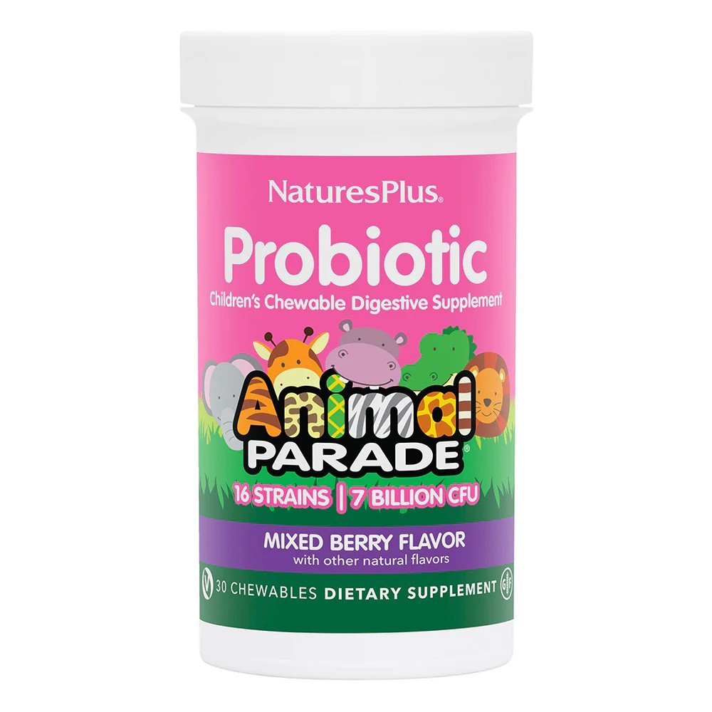 Nature's Plus Animal Parade Probiotics 16 Strains-7 Billion CFU-Mixed Berry Flavor 30 Chewable