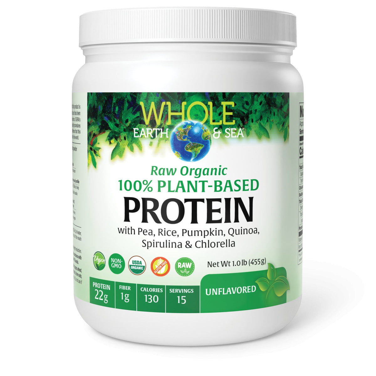 Natural Factors Whole Earth &amp; Sea Raw Organic 100% Plant-Based Protein-Unflavored 1 lb Powder