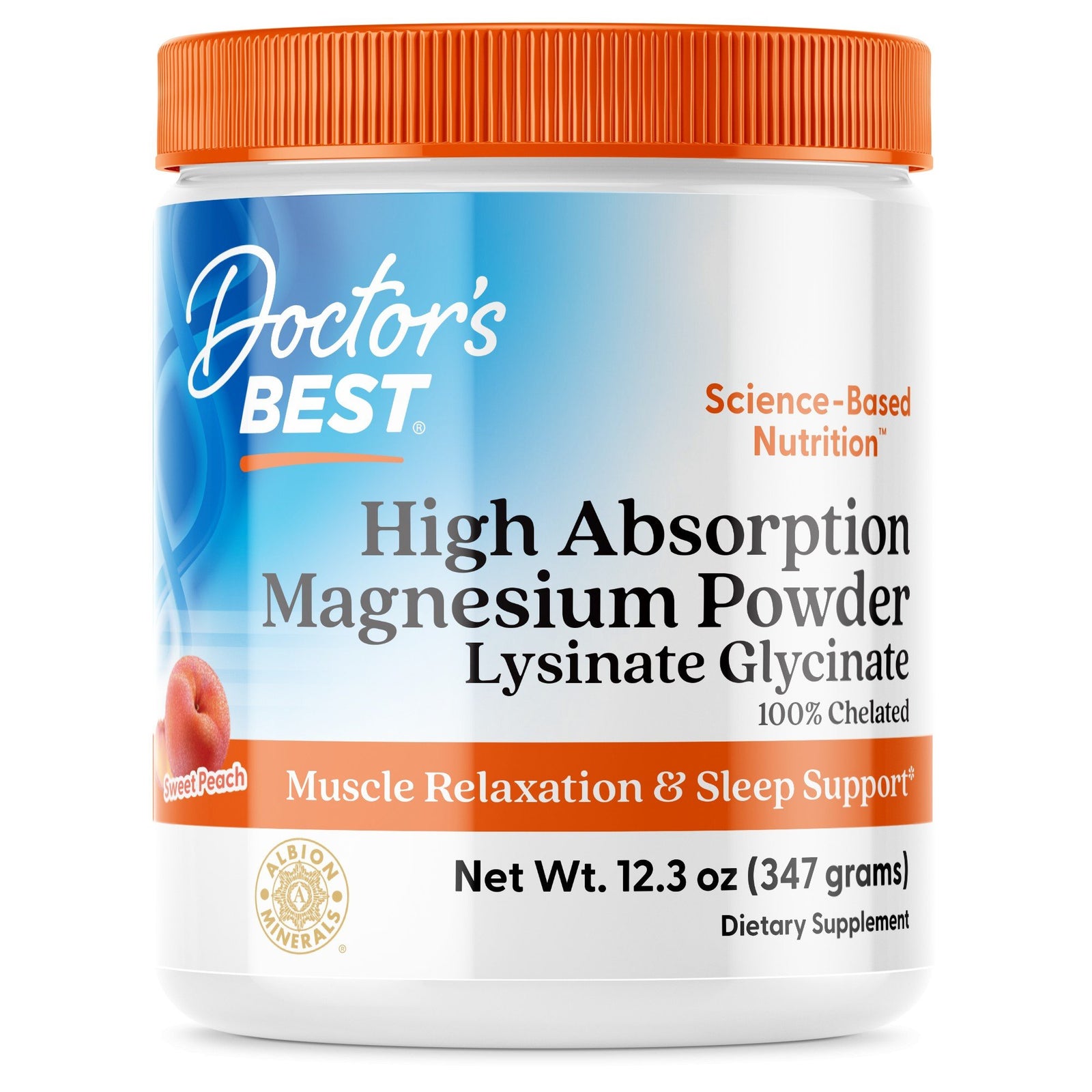 Doctors Best High Absorption Magnesium Powder-Lysinate Glycinate-100% Chelated-Sweet Peach 12.3 oz Powder