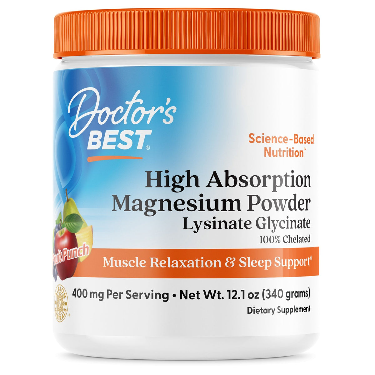 Doctors Best High Absorption Magnesium Powder Lysinate Glycinate - 400 mg - Fruit Punch 12.1 oz (340 Grams) Powder