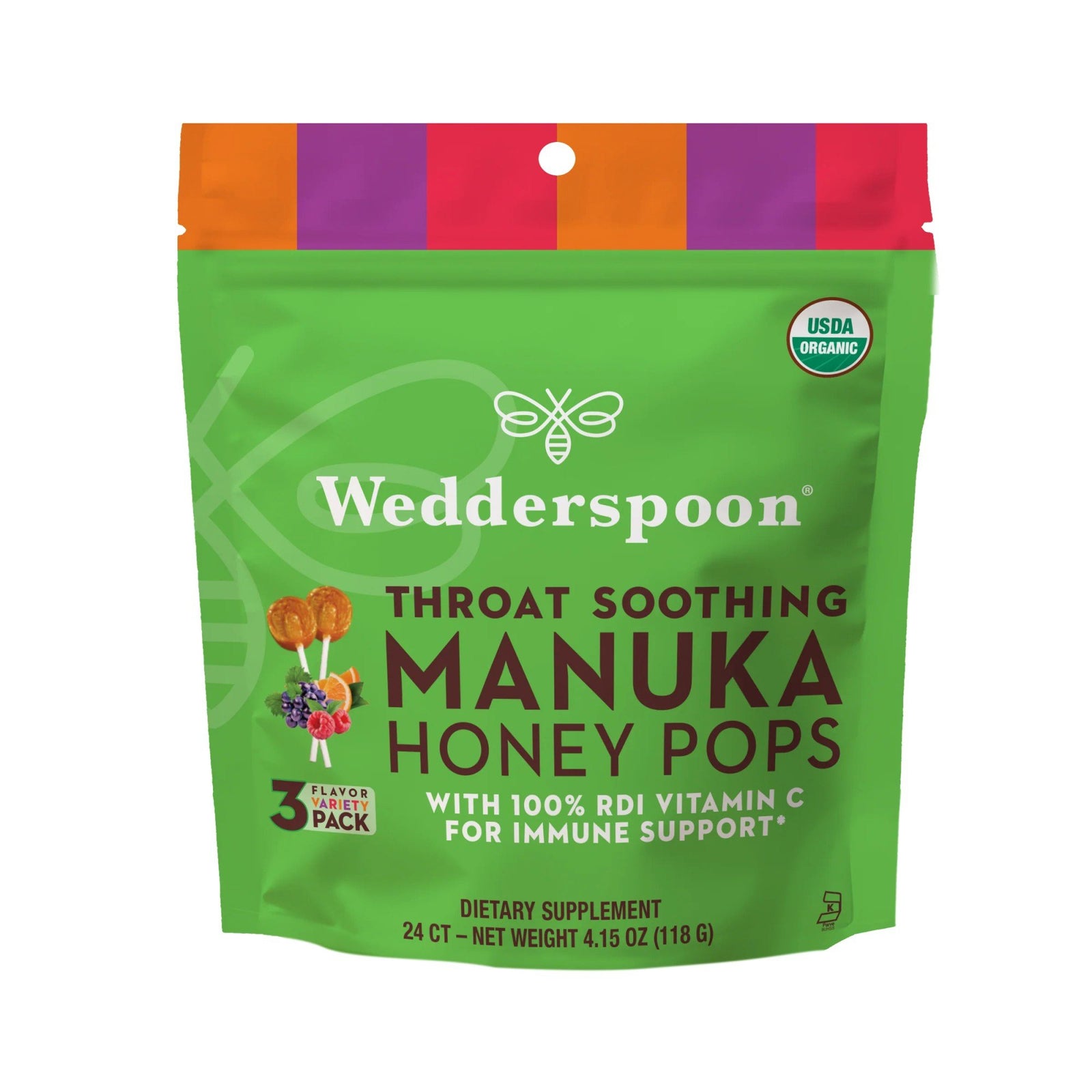 Wedderspoon Organic Throat Soothing Manuka Honey Pops Variety Pack (Orange/Grape/Raspberry) 24 Count - 4.15 oz. Lollipop