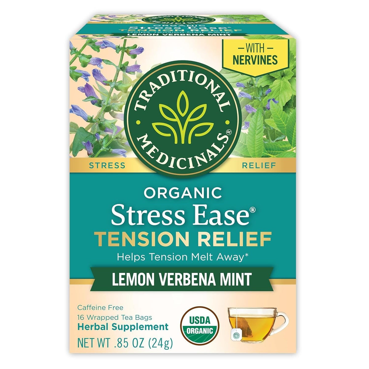 Traditional Medicinals Organic Stress Ease Lemon Verbena Mint 16 Tea Bags Box