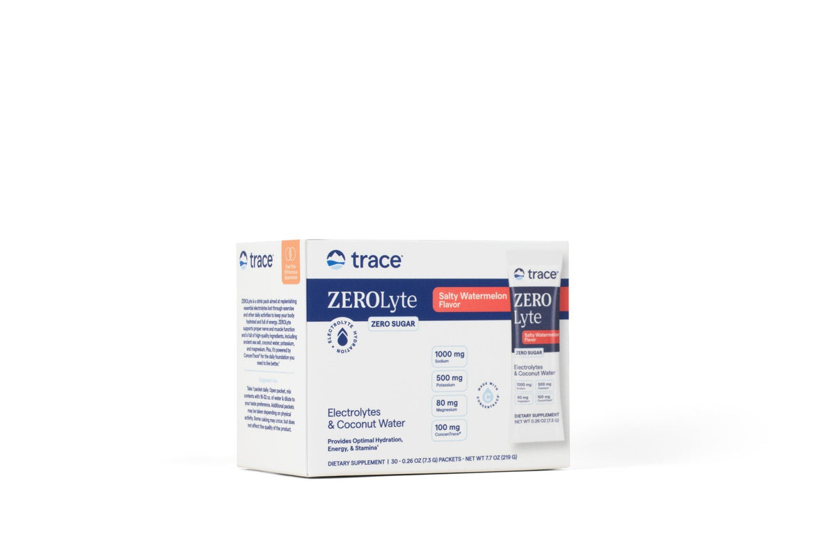Trace Minerals ZEROLyte-Electrolyte Drink Mix + Coconut Water-Salty Watermelon Flavor 30 Packets Box