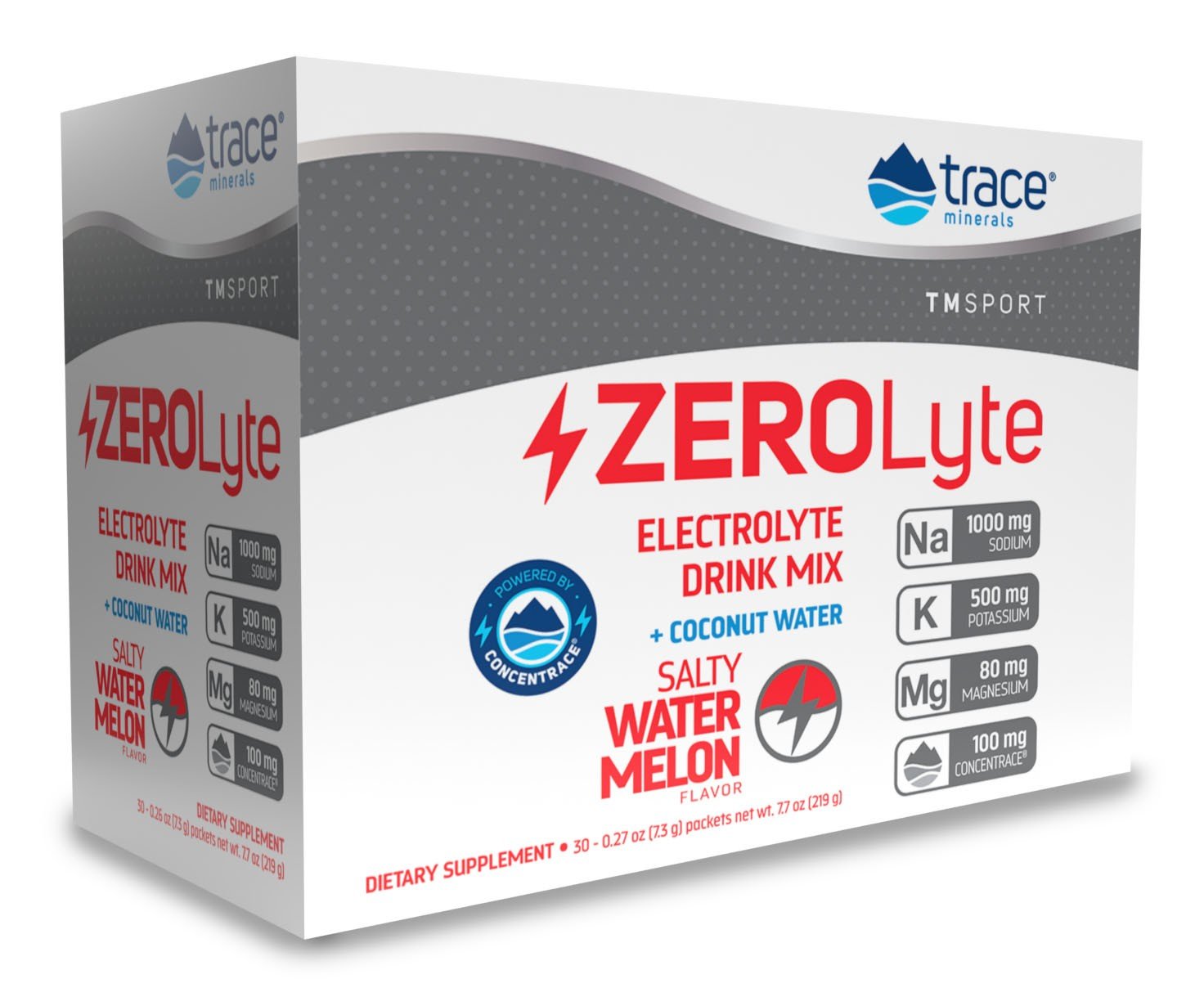 Trace Minerals TMSPORT-ZeroLyte-Electrolyte Drink Mix + Coconut Water-ZeroLyte-Salty Watermelon Flavor 30 Packets Box