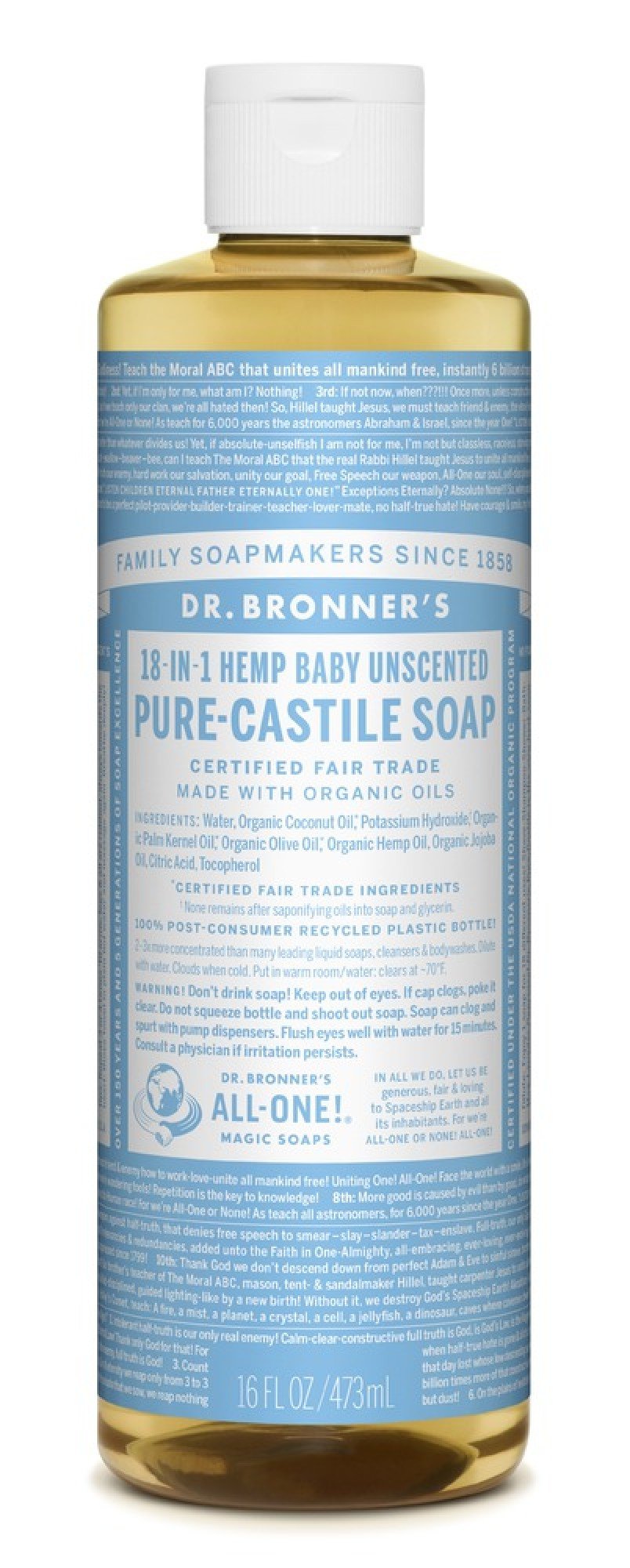 Dr. Bronner's Pure Castile Liquid Soap-Baby Unscented 16 oz Liquid