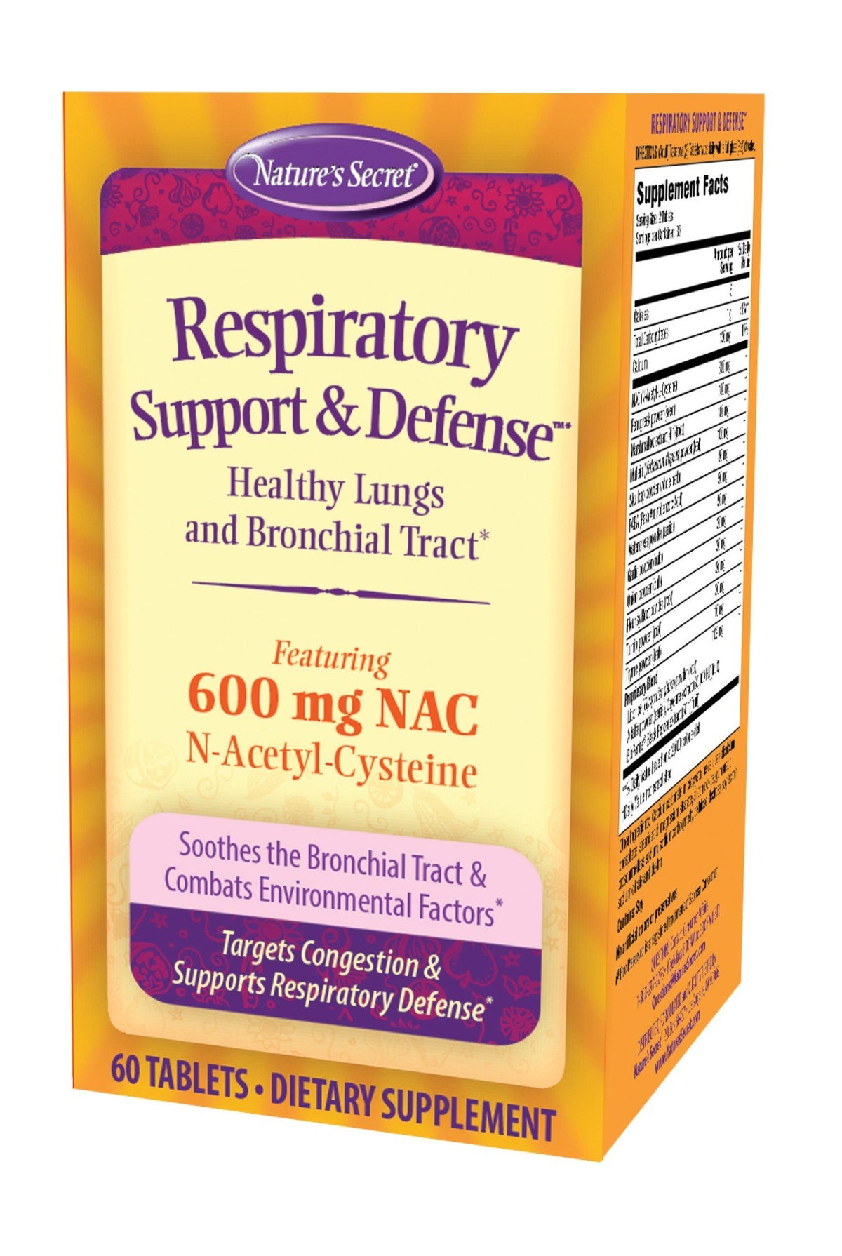 Nature&#39;s Secret Respiratory Support &amp; Defense (Healthy Lungs and Bronchial Tract) Featuring 600 mg NAC N-Acetyl-Cysteine 60 Tablet