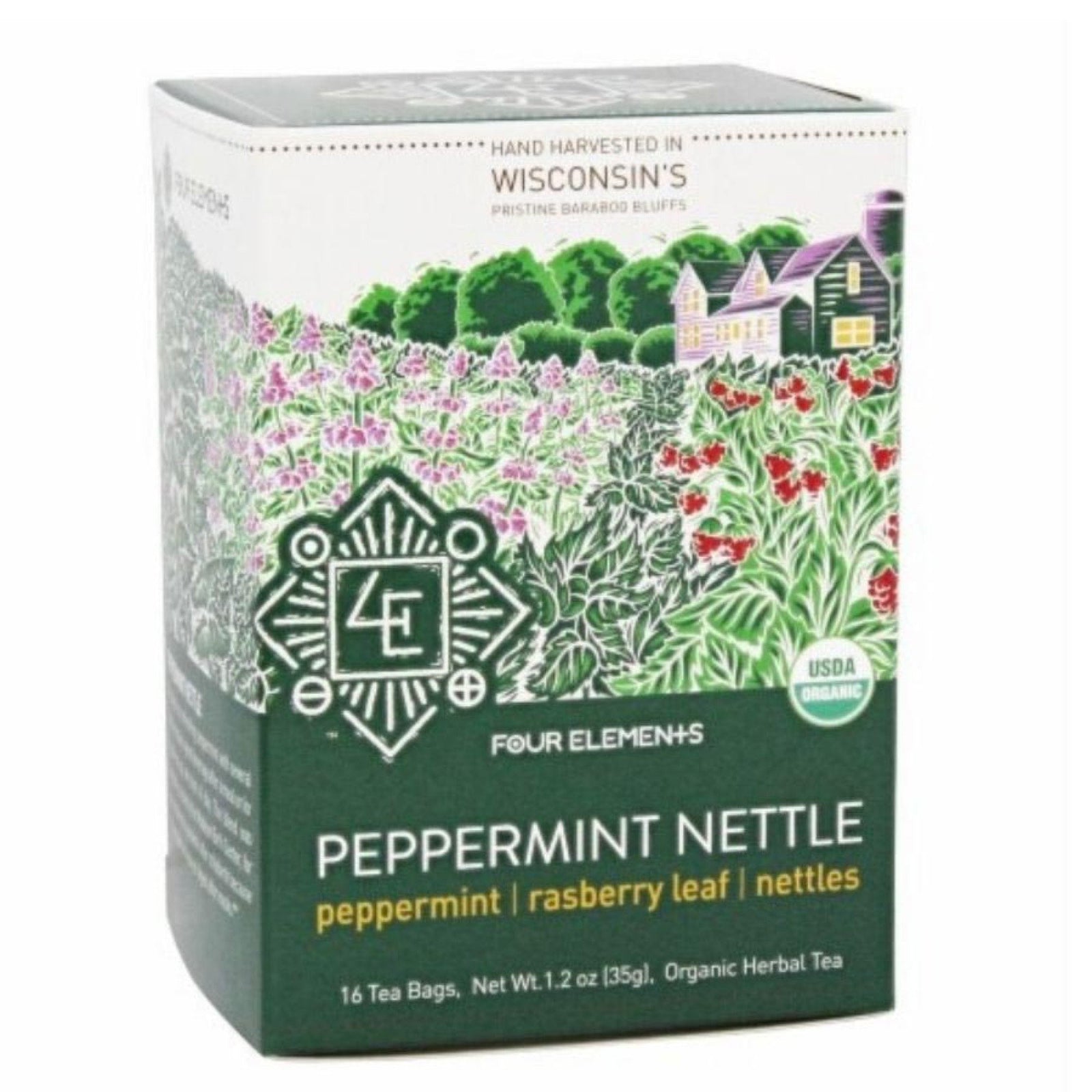 Four Elements Organic Herbals Peppermint Nettle Tea 16 Bags Box