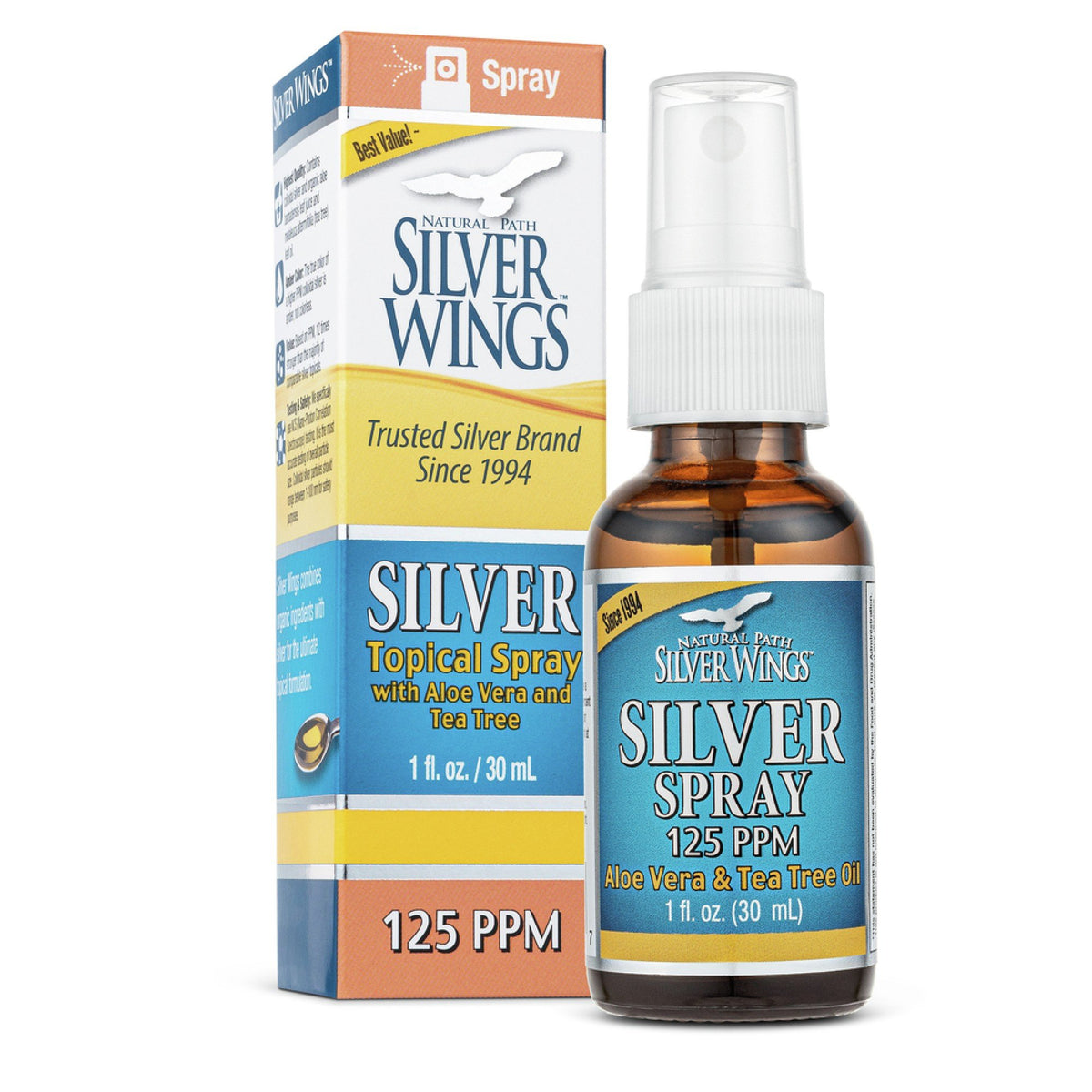 Natural Path Silver Wings Colloidal Silver Spray with Aloe &amp; Vera &amp; Tea Tree Oil 1 oz Spray