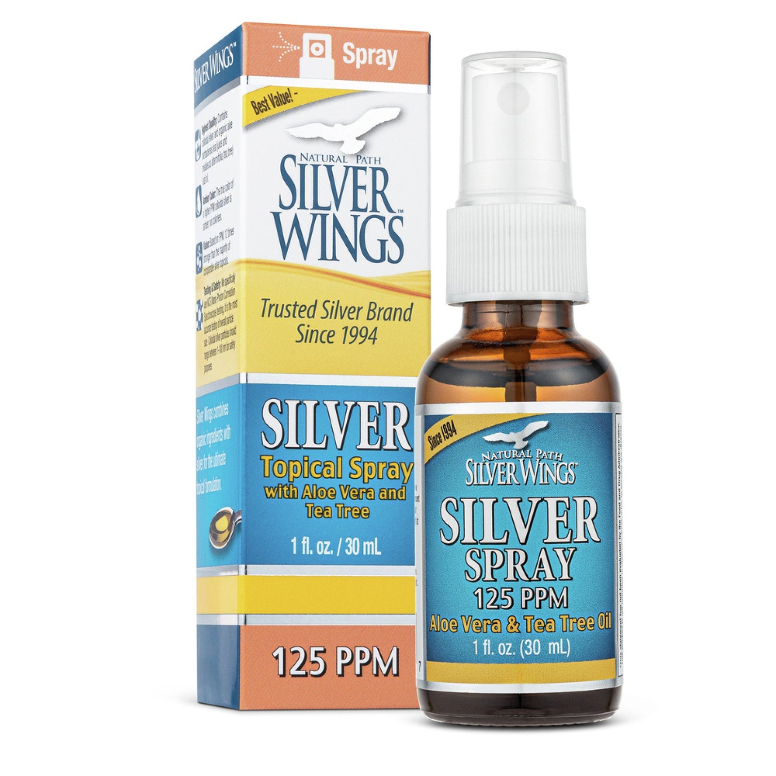 Natural Path Silver Wings Colloidal Silver Spray with Aloe & Vera & Tea Tree Oil 1 oz Spray