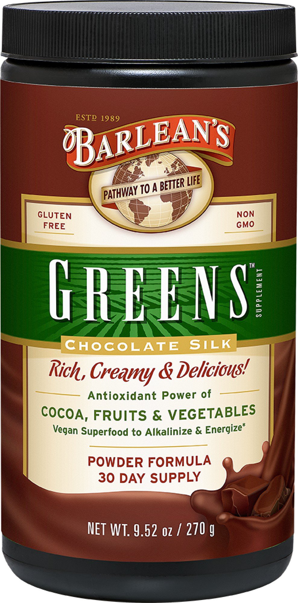 Barlean&#39;s Barlean&#39;s Organic Oils Greens, Chocolate Silk 9.5 oz Powder