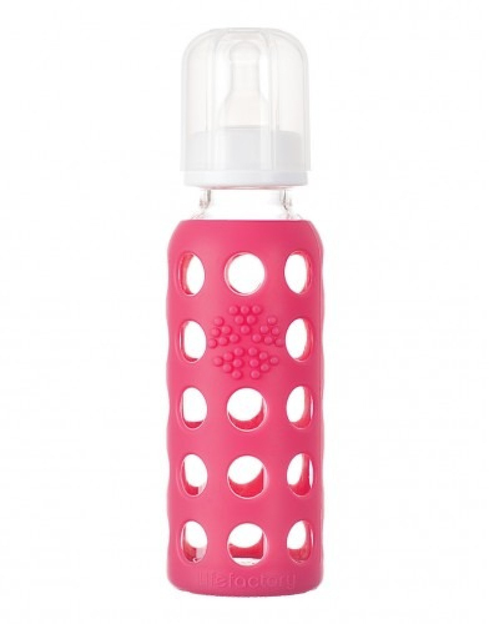 Lifefactory Glass Baby Bottle with Silicone Sleeve Raspberry 9 oz Bottle