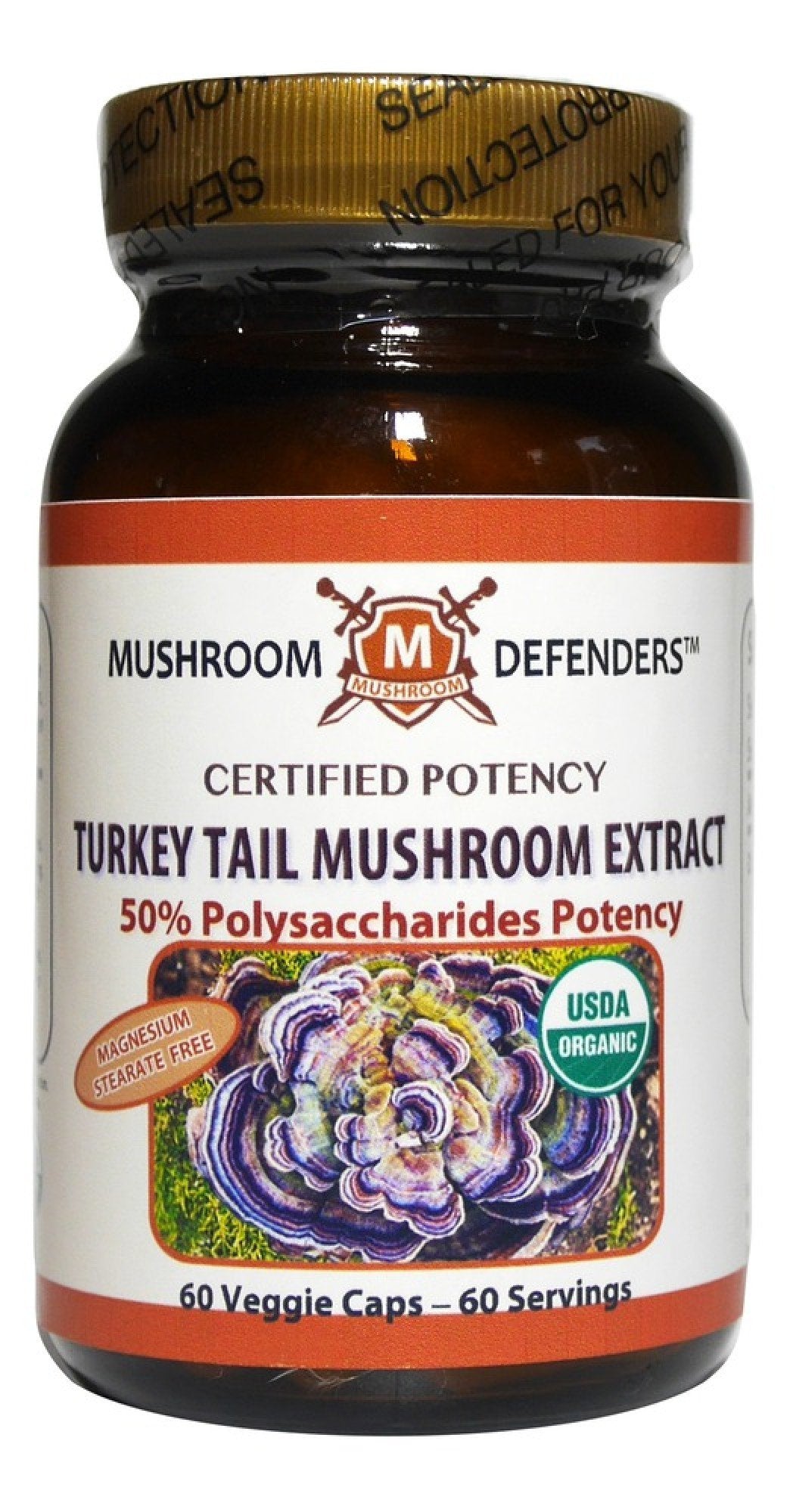 Mushroom Defenders Turkey Tail Organic Extract 50% Polysaccharide Potency 60 Veg Cap