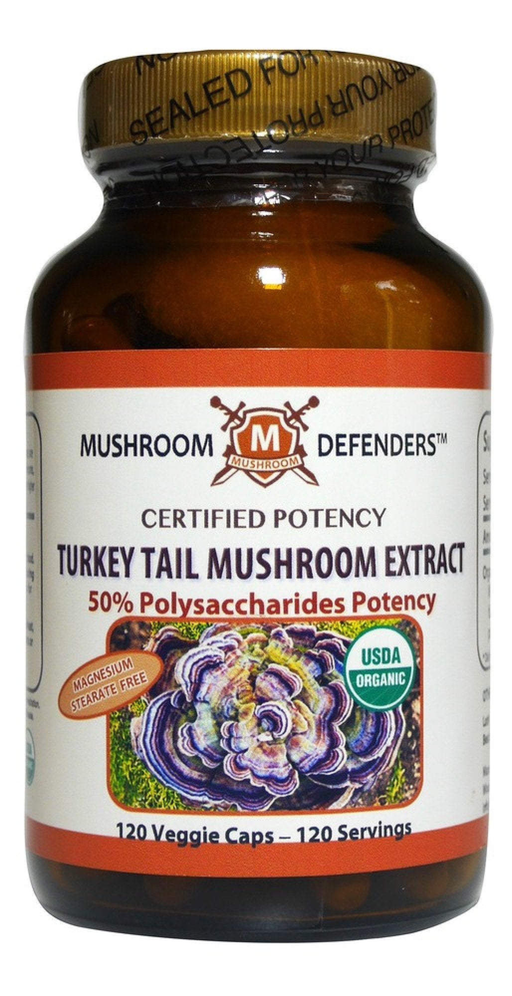 Mushroom Defenders Turkey Tail Organic Extract 50% Polysaccharide Potency 120 Veg Cap