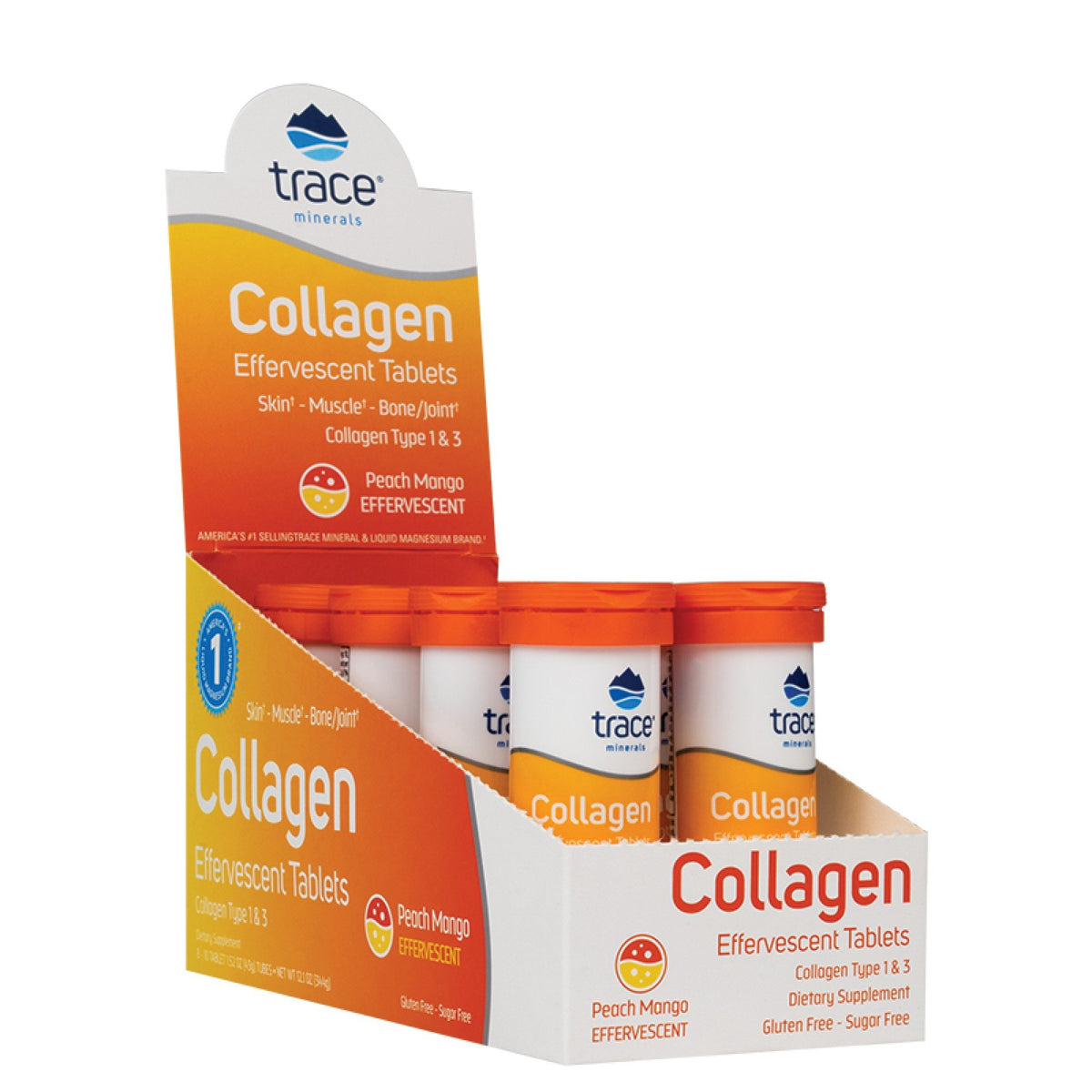 Trace Minerals Collagen Effervescent Tablets Peach Mango 8 Tubes Box