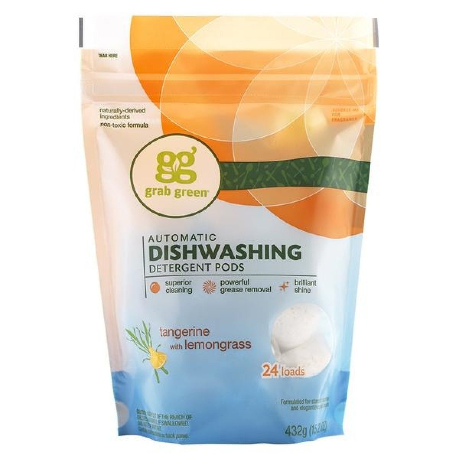 Grab Green Auto Dishwasher Pods Tangerine with Lemongrass 24 Pods Bag