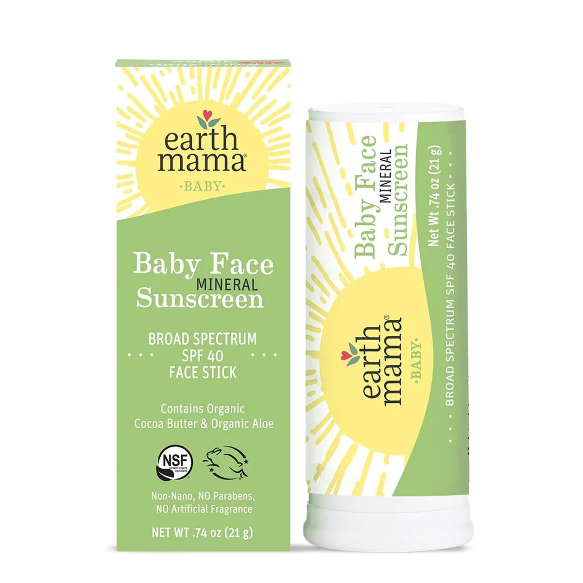 Earth Mama Organics Baby Face Mineral Sunscreen Face Stick SPF 40 21 g (.74oz) Stick