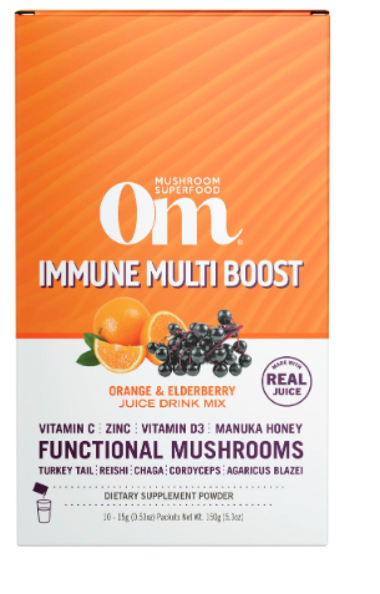 Om Mushrooms Immune Multi Boost Orange/Elderberry Mushroom Superfood Drink Mix 10 Stick Box