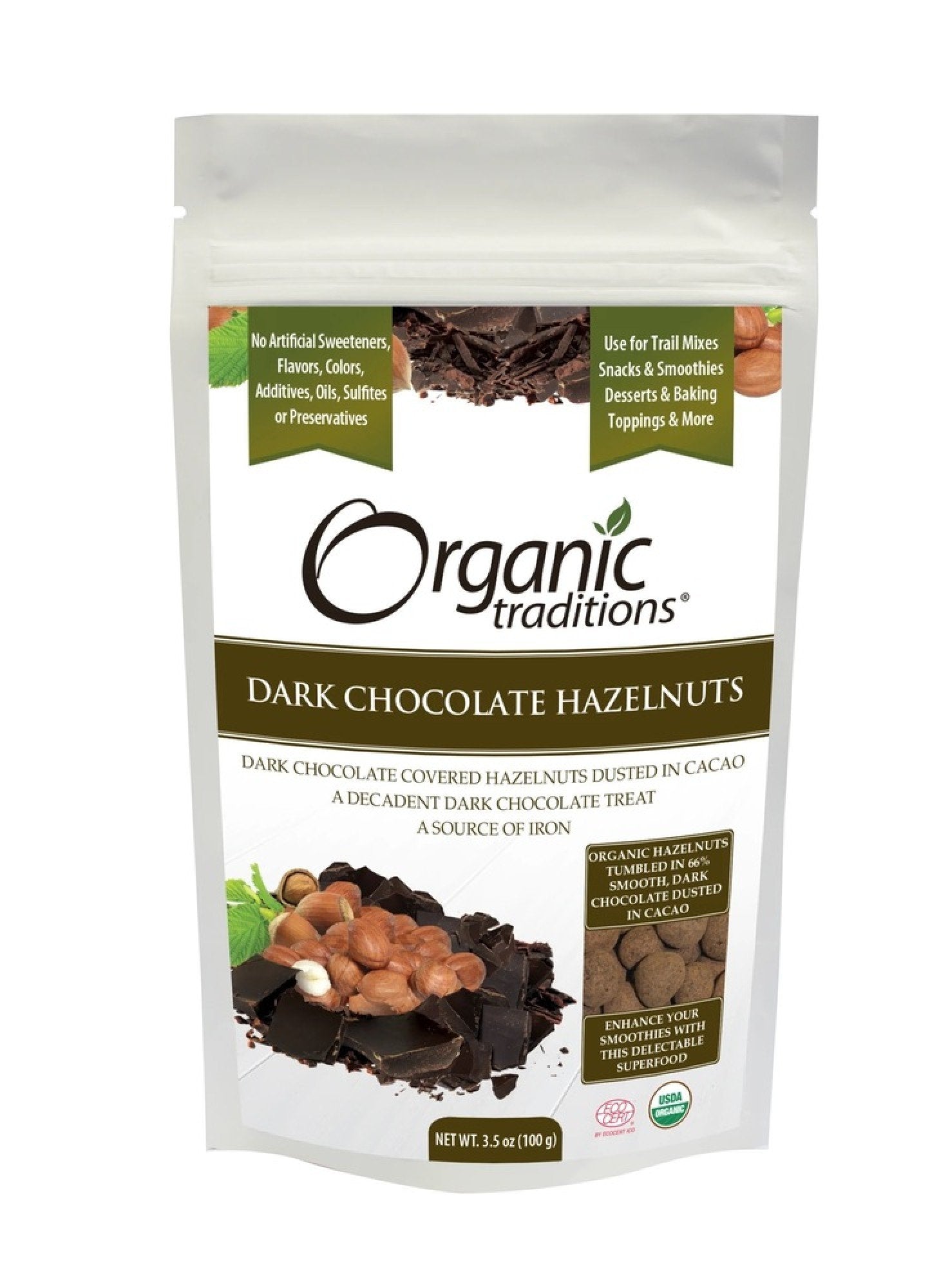 Organic Traditions Hazelnuts Dark Chocolate 3.5 oz Bag