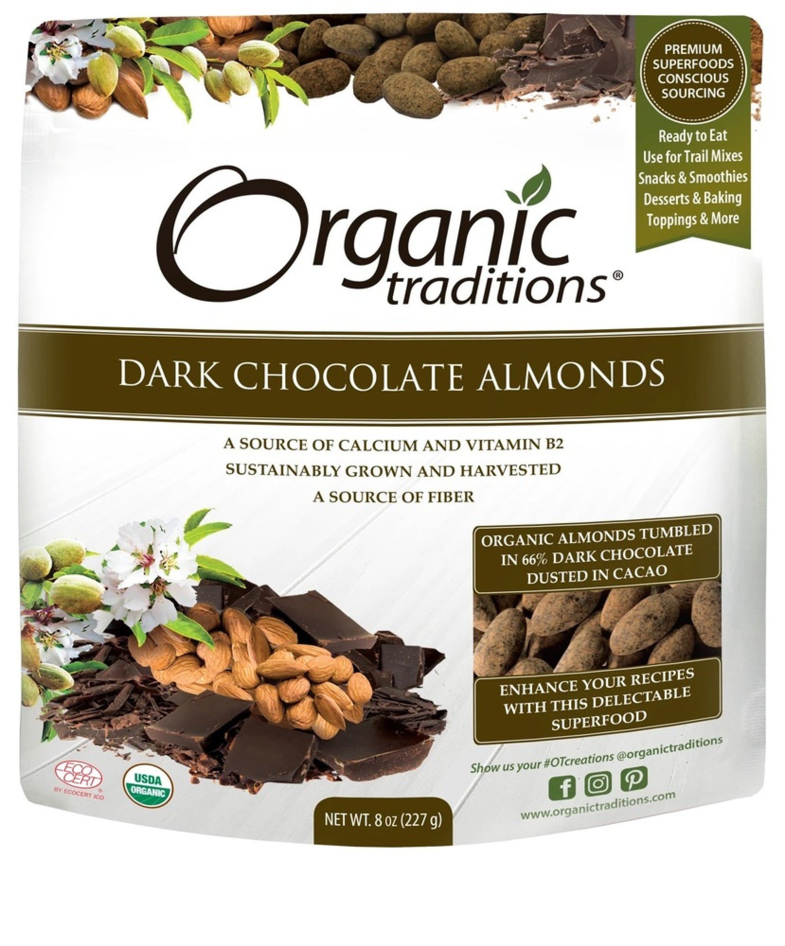 Organic Traditions Almonds Dark Chocolate 8 oz Bag