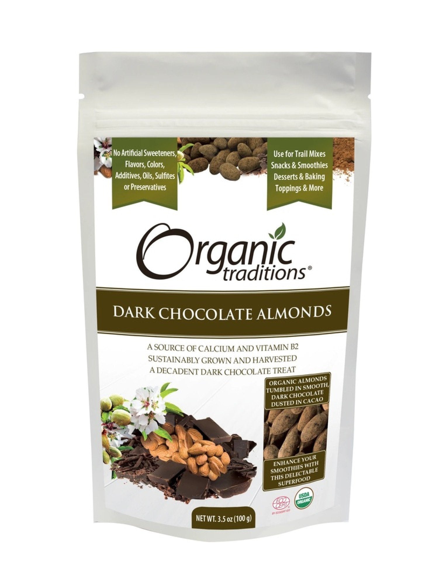 Organic Traditions Almonds Dark Ckocolate 3.5 oz Bag