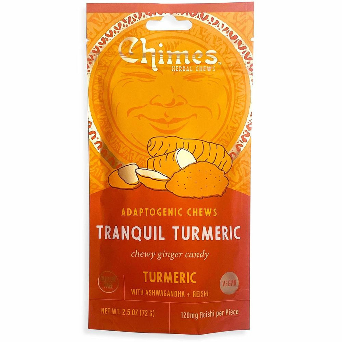 Chimes Tranquil Turmeric Adaptogen Ginger Chews Candy with Ashwagandha, Reishi, Turmeric and Curcumin 2.5 oz Bag