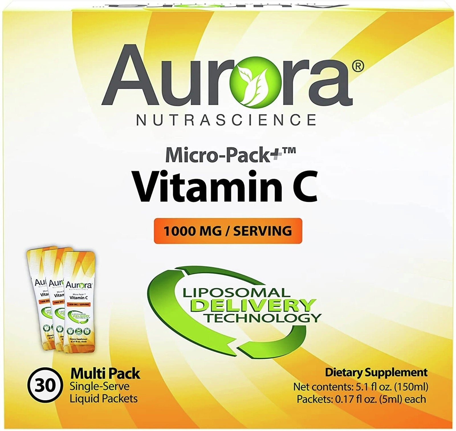 Vida Lifescience Aurora Nutrascience Micro-Liposomal Vitamin C, 1000mg per serving 30 packs (0.34 fl oz Box